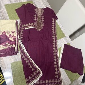 M&M'S Women's Maroon Embroidered Traditional Dress Set